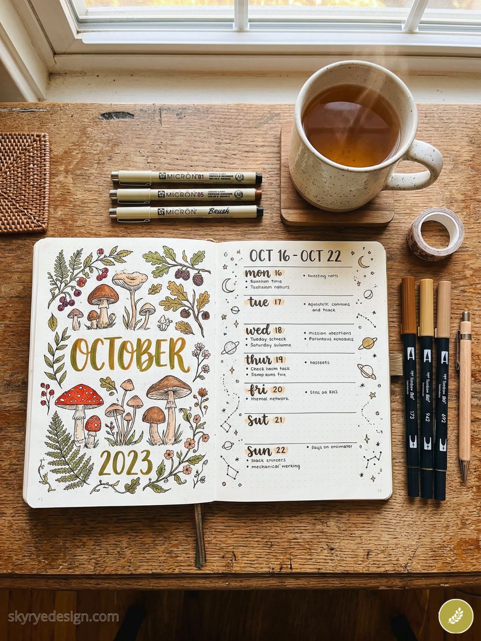 how-to-draw-additional-content-visual 84 Bullet journal October 2023 weekly spread with hand-drawn mushrooms, autumn doodles, markers and mug of tea on wooden desk | Sky Rye Design Bullet journal October 2023 weekly spread with hand-drawn mushrooms, autumn doodles, markers and mug of tea on wooden desk