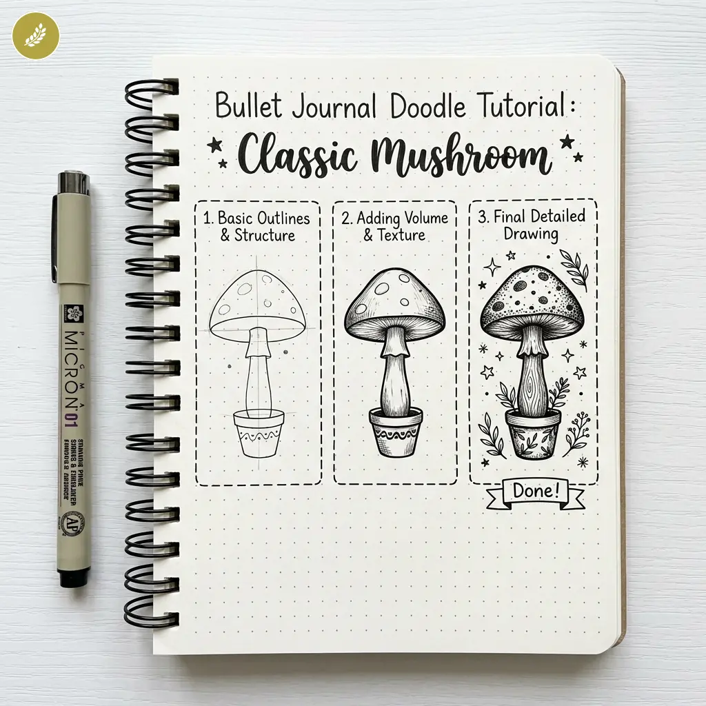 bujo-doodle-Classic-Mushroom Bullet journal doodle tutorial: step-by-step classic mushroom sketch in black ink with Micron pen | Sky Rye Design Bullet journal doodle tutorial: step-by-step classic mushroom sketch in black ink with Micron pen