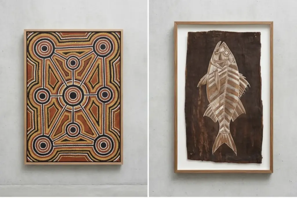 Screenshot 2026-04-09 at 233737 Framed Indigenous Australian wall art: ochre dot-pattern Aboriginal painting and bark fish painting on concrete wall | Sky Rye Design Framed Indigenous Australian wall art: ochre dot-pattern Aboriginal painting and bark fish painting on concrete wall