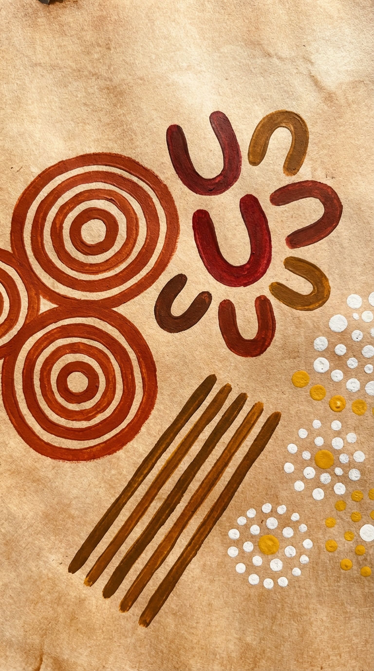 420f8ce0-fd62-40cc-a655-bfaad524d3bc Earth-toned Indigenous-style painting with concentric circles, U-shaped motifs, dotted patterns on textured kraft paper | Sky Rye Design Earth-toned Indigenous-style painting with concentric circles, U-shaped motifs, dotted patterns on textured kraft paper