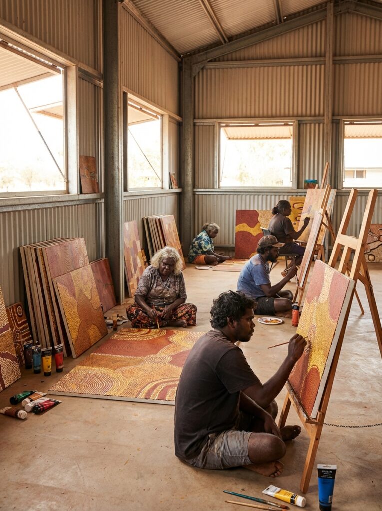 90030489-e501-45f8-85a3-5214bf4bda8d Aboriginal dot painting workshop: Indigenous artists creating dot-art canvases in a sunlit studio | Sky Rye Design Aboriginal dot painting workshop: Indigenous artists creating dot-art canvases in a sunlit studio