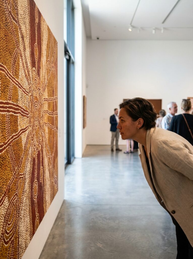 dbcccf2e-afe2-496a-9428-5e393a992a8f Art gallery visitor closely examines large Aboriginal dot painting with ochre and red concentric patterns | Sky Rye Design Art gallery visitor closely examines large Aboriginal dot painting with ochre and red concentric patterns