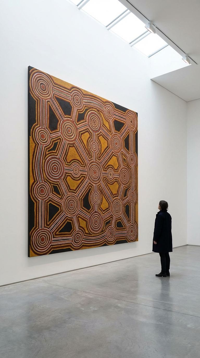 62e18598-f372-45b5-903b-8865ee83fe20 Visitor viewing large Indigenous dot-painting with concentric circles in bright minimalist gallery | Sky Rye Design Visitor viewing large Indigenous dot-painting with concentric circles in bright minimalist gallery