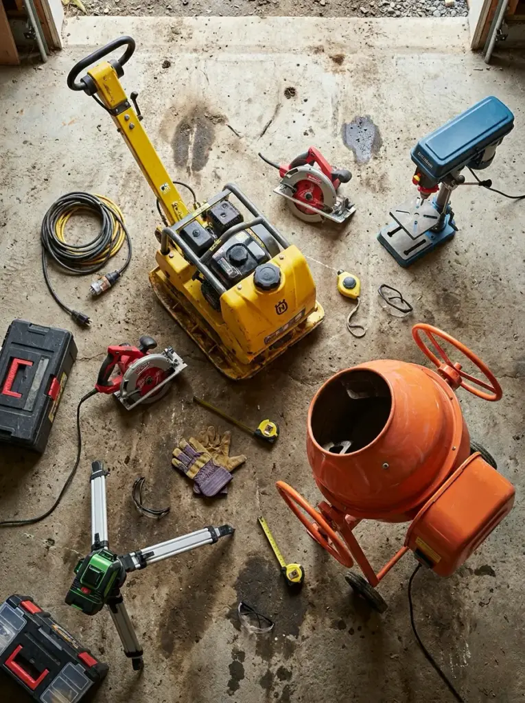Overhead view of construction tools on concrete floor: orange cement mixer, yellow compactor, circular saws.
