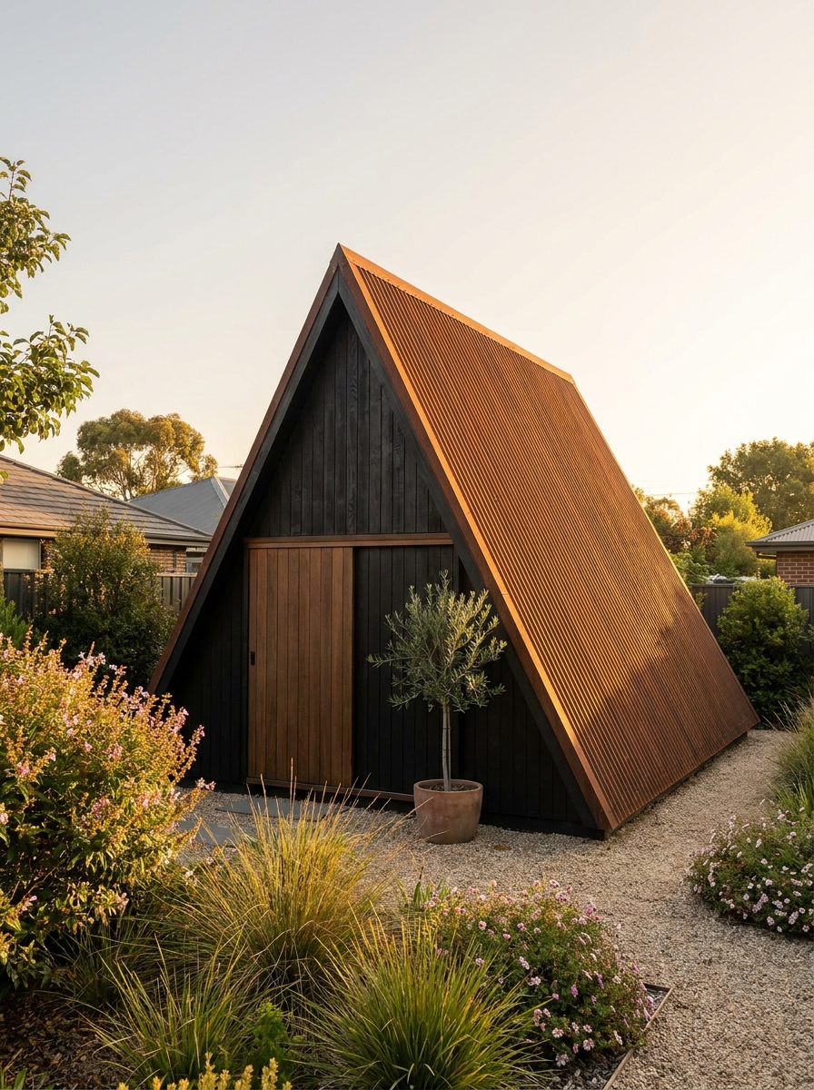 Modern timber-clad A-frame garden studio with corrugated wood roof, potted tree and gravel path, drought-tolerant landscaping