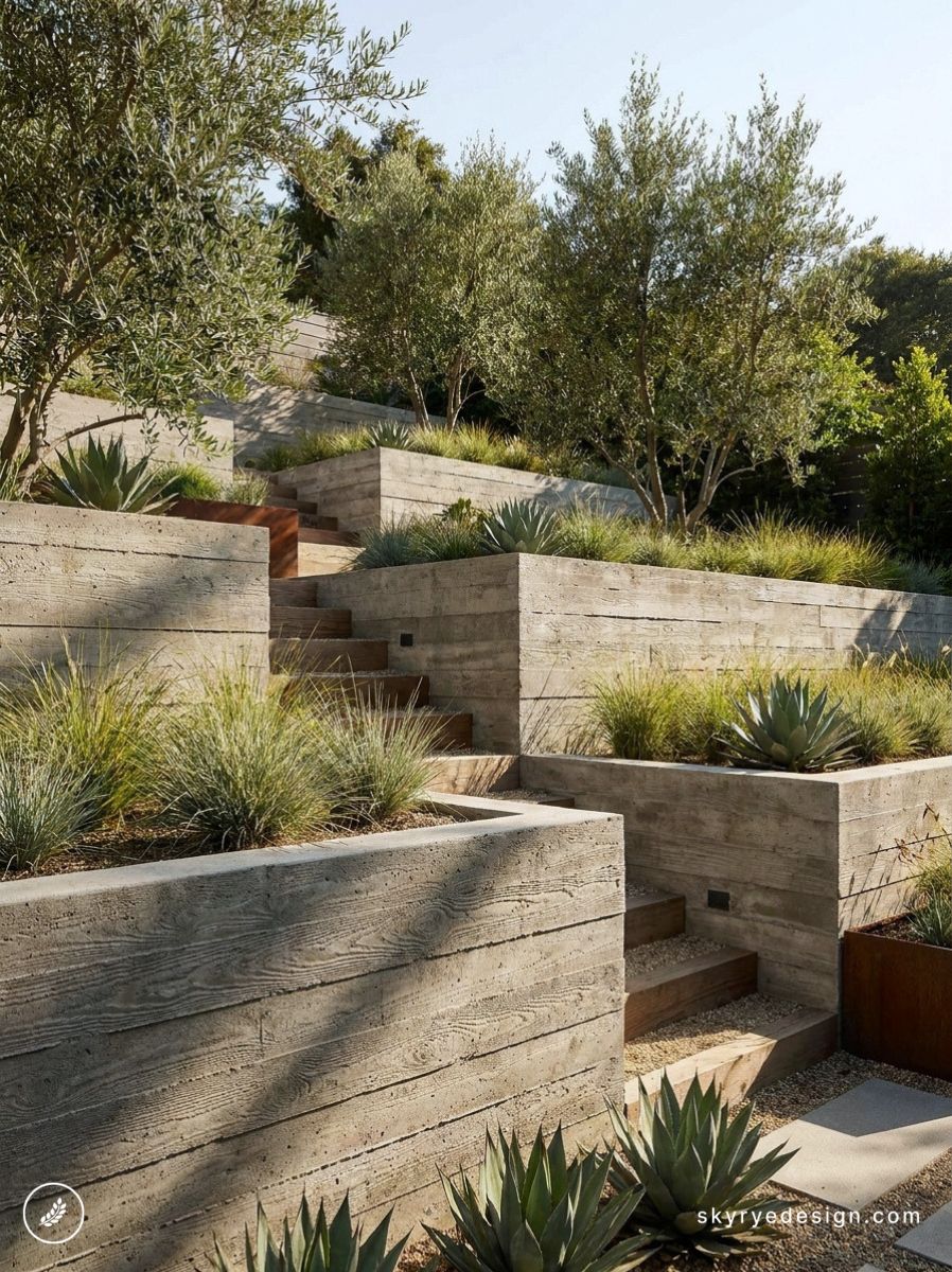 Modern terraced garden with textured concrete planters, wooden steps, agave succulents, ornamental grasses and olive trees