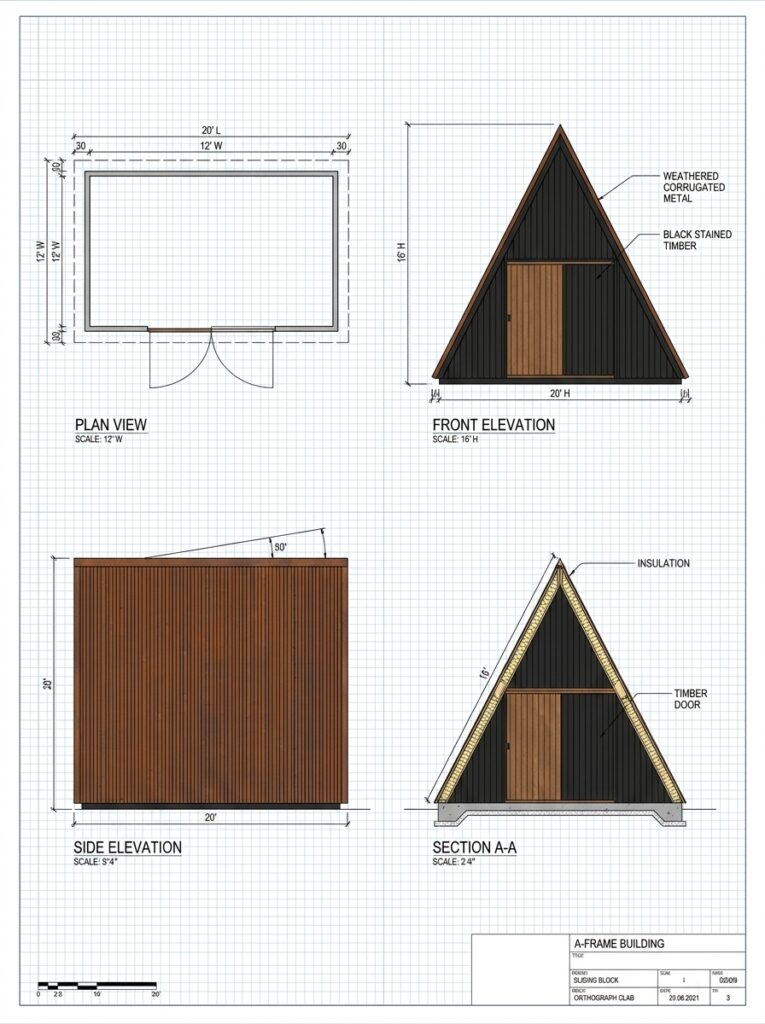 Architectural blueprint of A-frame cabin: plan, front/side elevations and section showing timber door, corrugated metal roof.