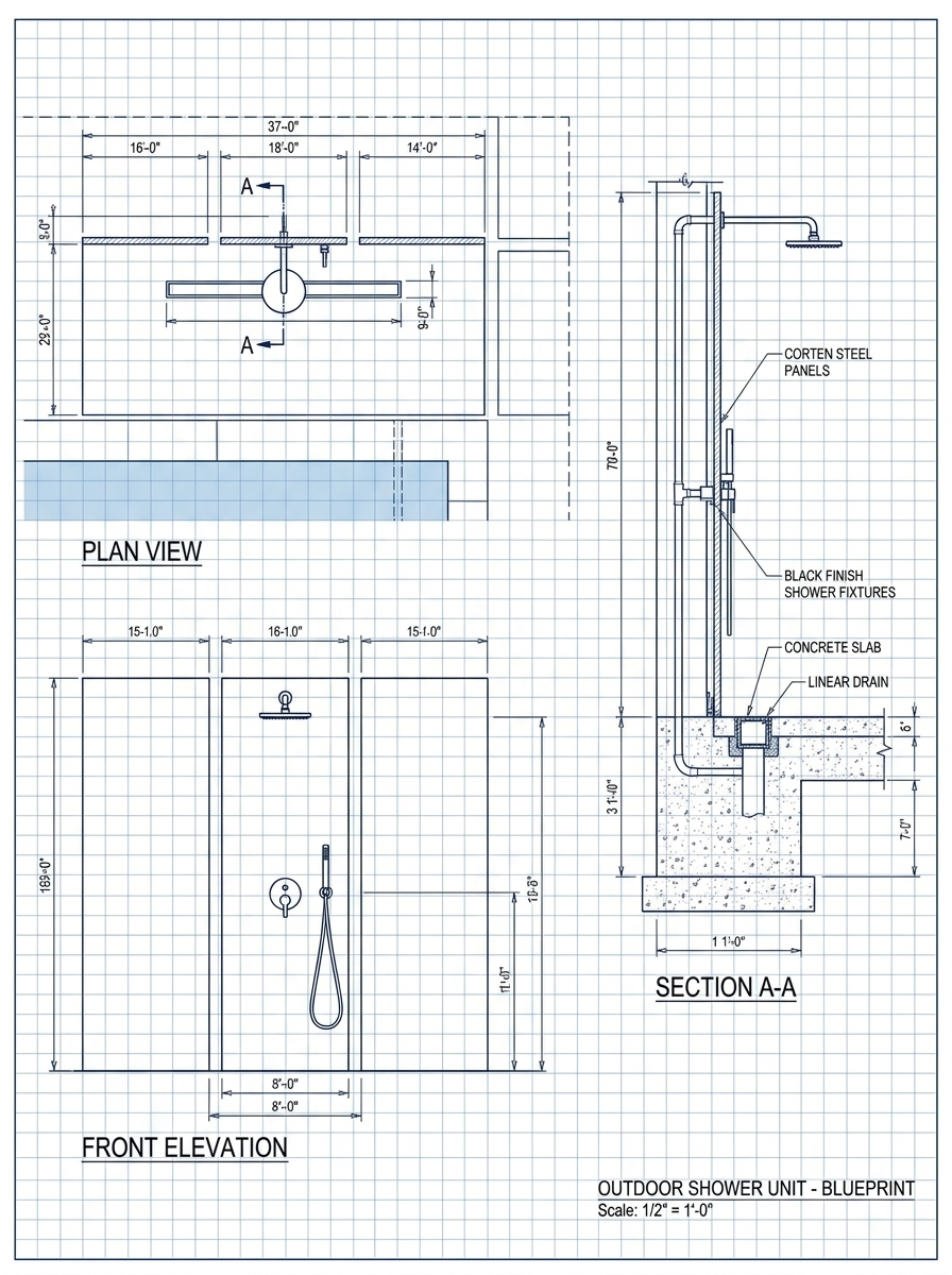 Outdoor shower unit blueprint: plan view, front elevation and section A-A with Corten steel details