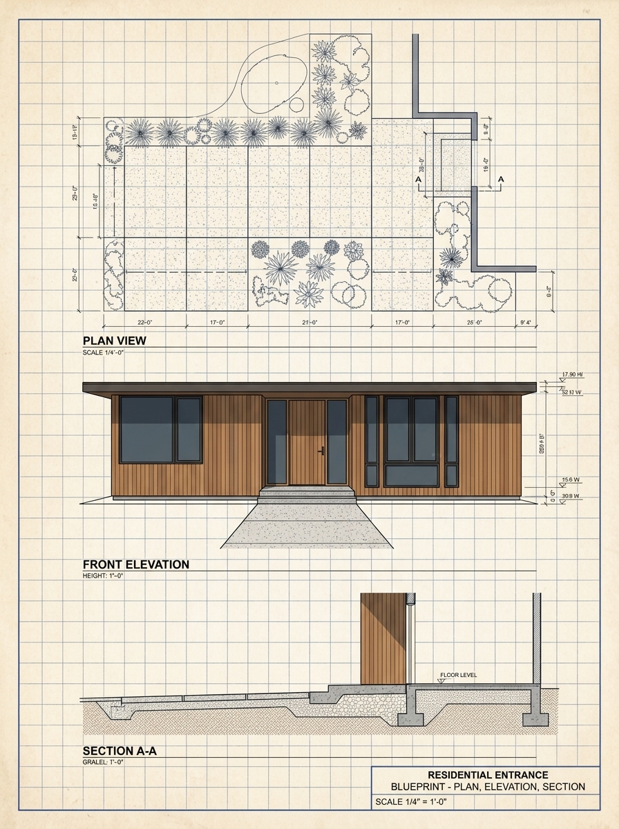 Residential entrance blueprint: plan view, front elevation and section of modern wood‑clad house with landscaping.