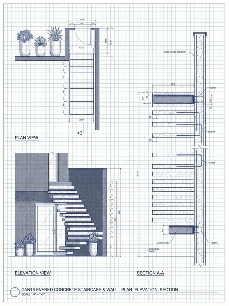 Cantilevered concrete staircase blueprint - plan, elevation, section, architectural drawing