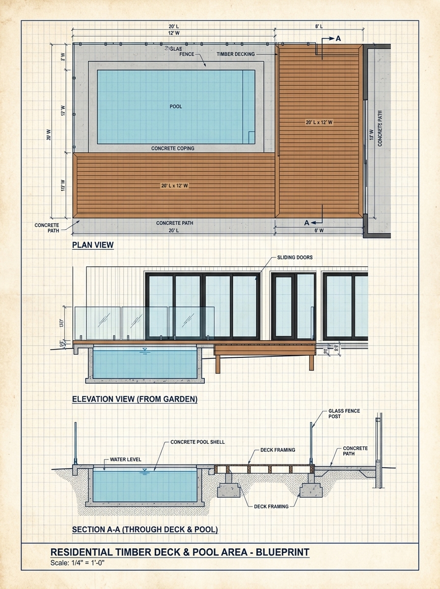 Blueprint: residential timber deck and pool area - plan, elevation and section views with labeled dimensions and glass fence.