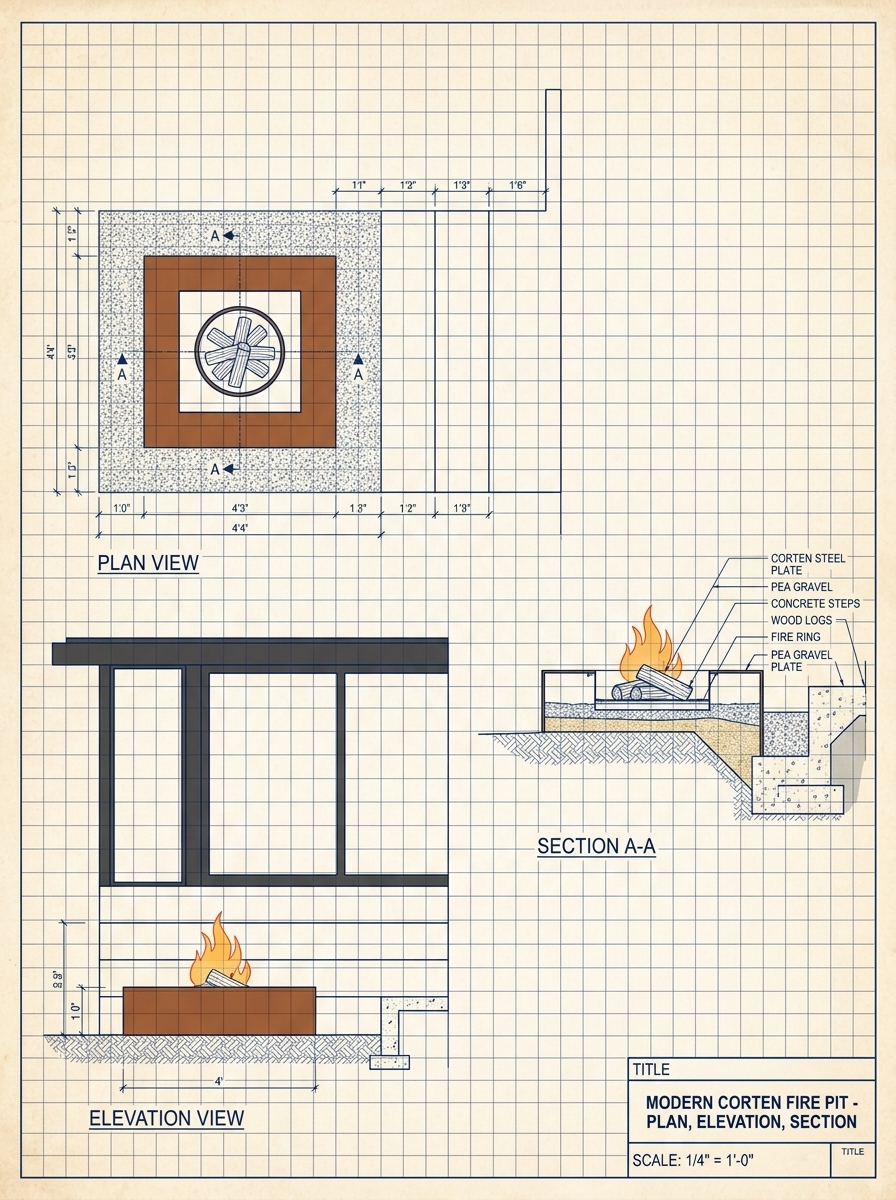 Modern blueprint of corten steel fire pit: plan, elevation, section with fire ring, logs, pea gravel and concrete detail.