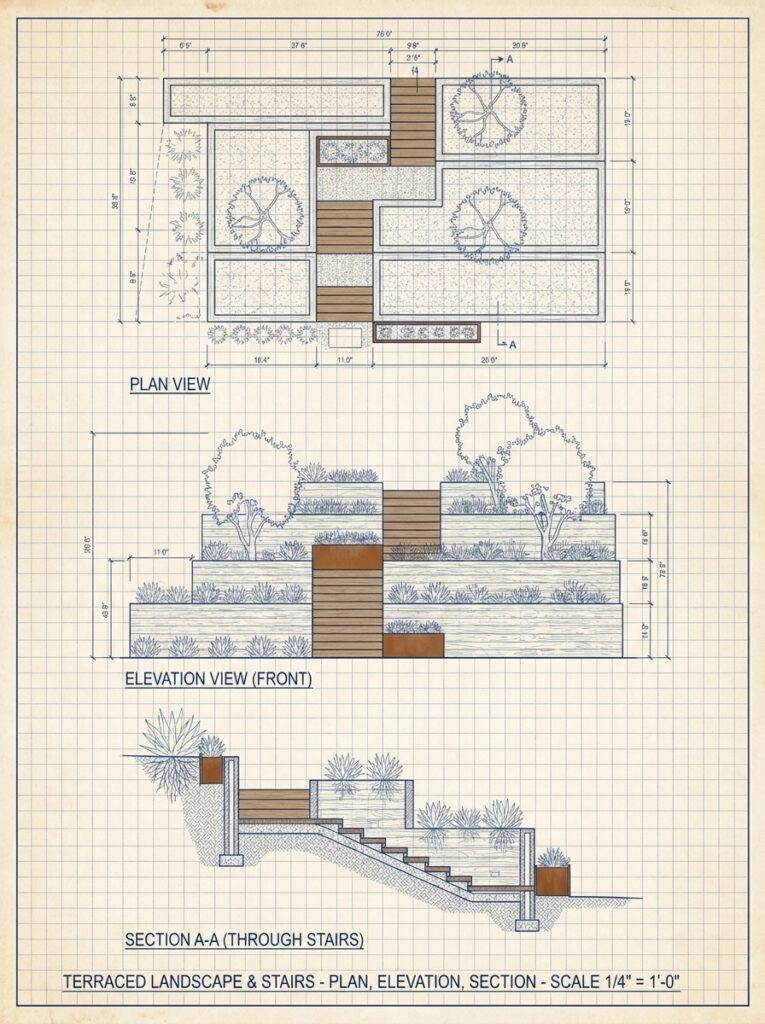 Landscape architecture blueprint: terraced garden with stairs, plan, elevation and cross-section on grid with dimensions