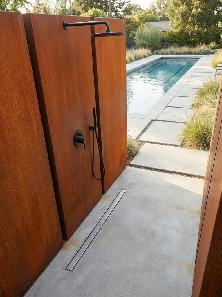 Minimalist outdoor poolside shower with Corten steel panels, black fixtures and linear drain by a rectangular pool