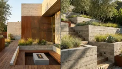 Modern backyard with wooden deck, recessed concrete fire pit, terraced concrete planters and drought-tolerant landscaping.