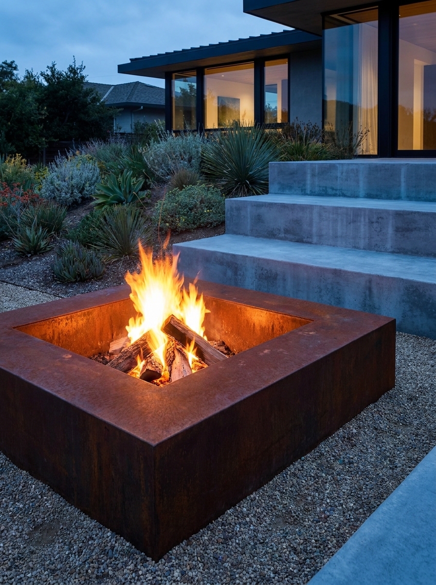 Modern backyard corten steel square fire pit with wood flames beside concrete steps and a contemporary home at dusk