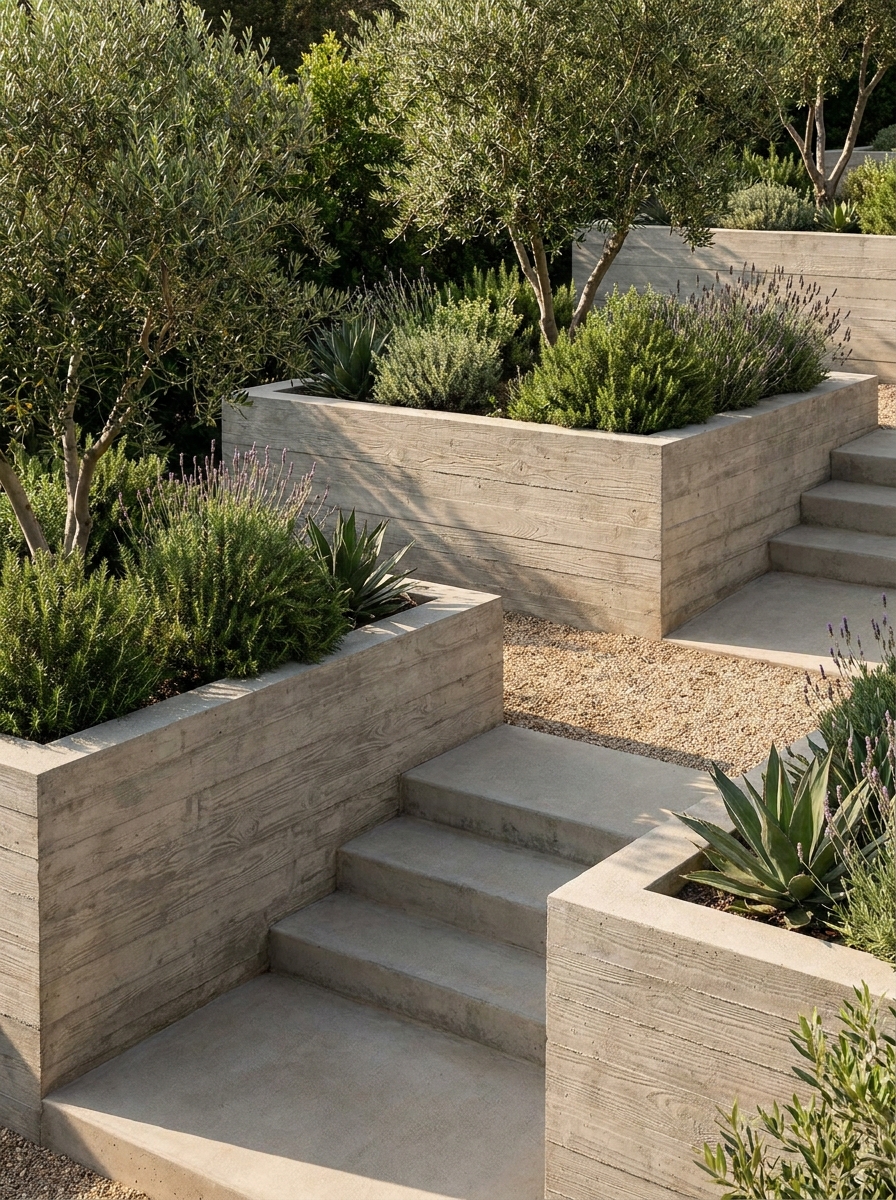 Stepped modern garden with concrete raised planters, drought-tolerant Mediterranean plants and gravel pathway