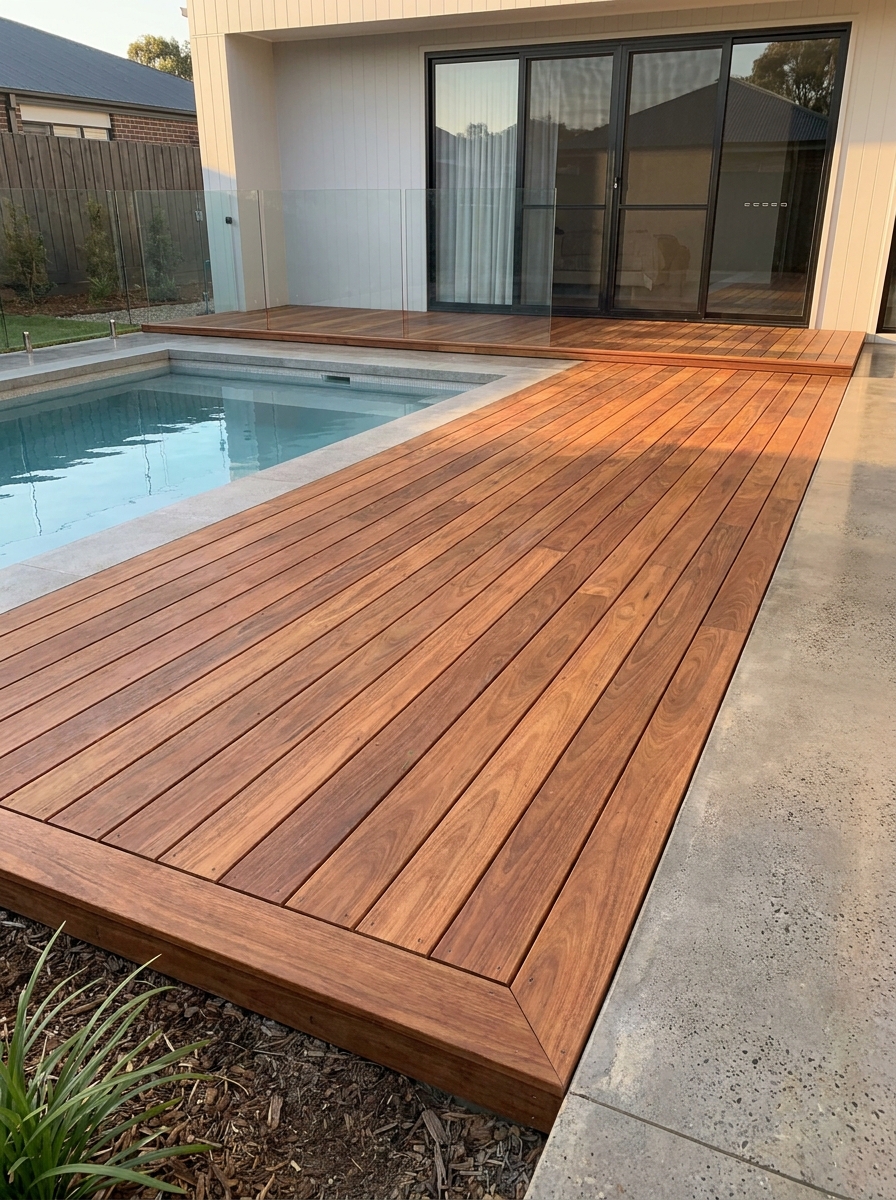 Modern backyard pool with sleek hardwood timber deck, glass pool fence and sliding patio doors