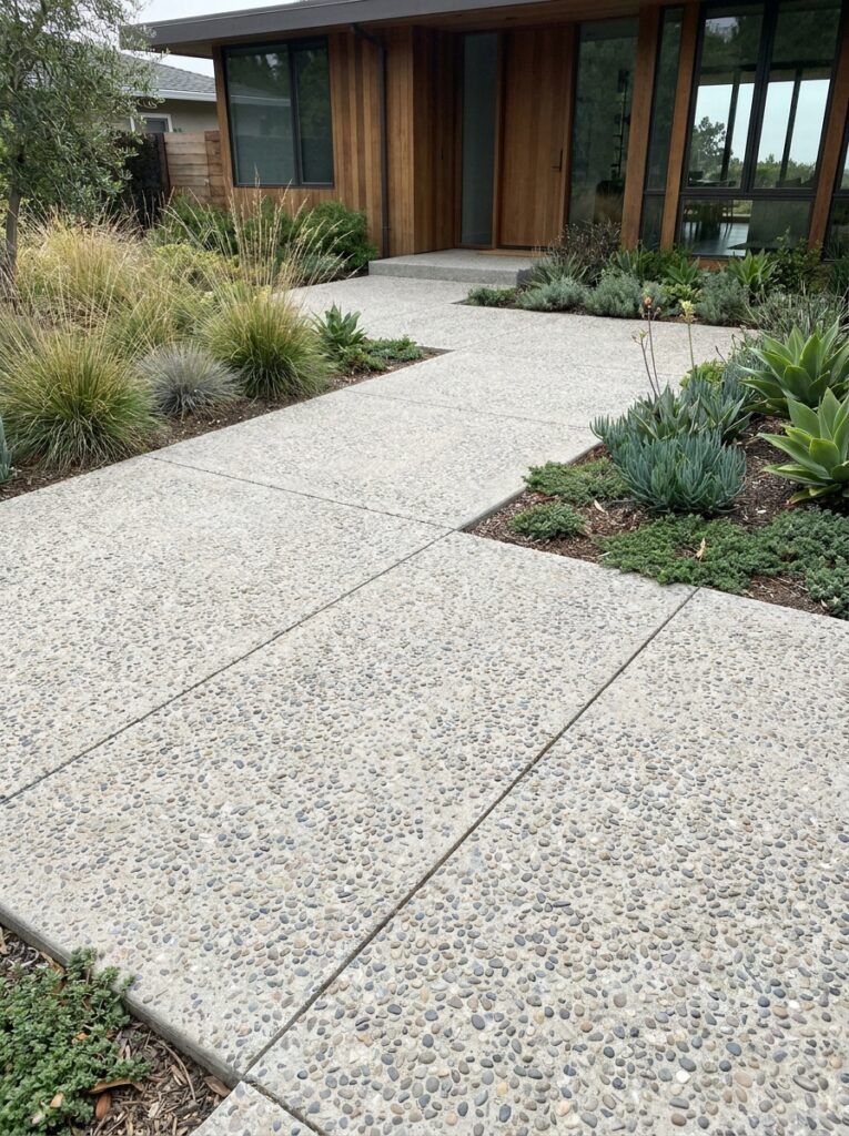 Exposed aggregate concrete walkway to modern wood-front home with succulents and drought-tolerant landscaping