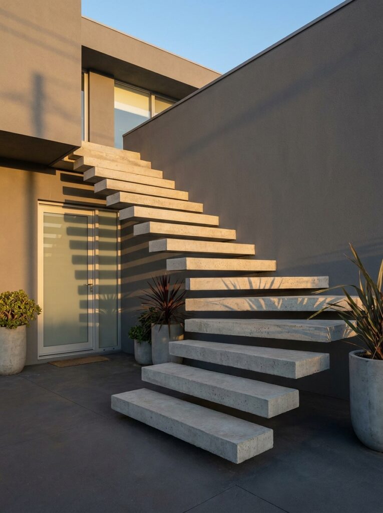 Modern exterior floating concrete staircase on minimalist house, warm sunset shadows and potted plants