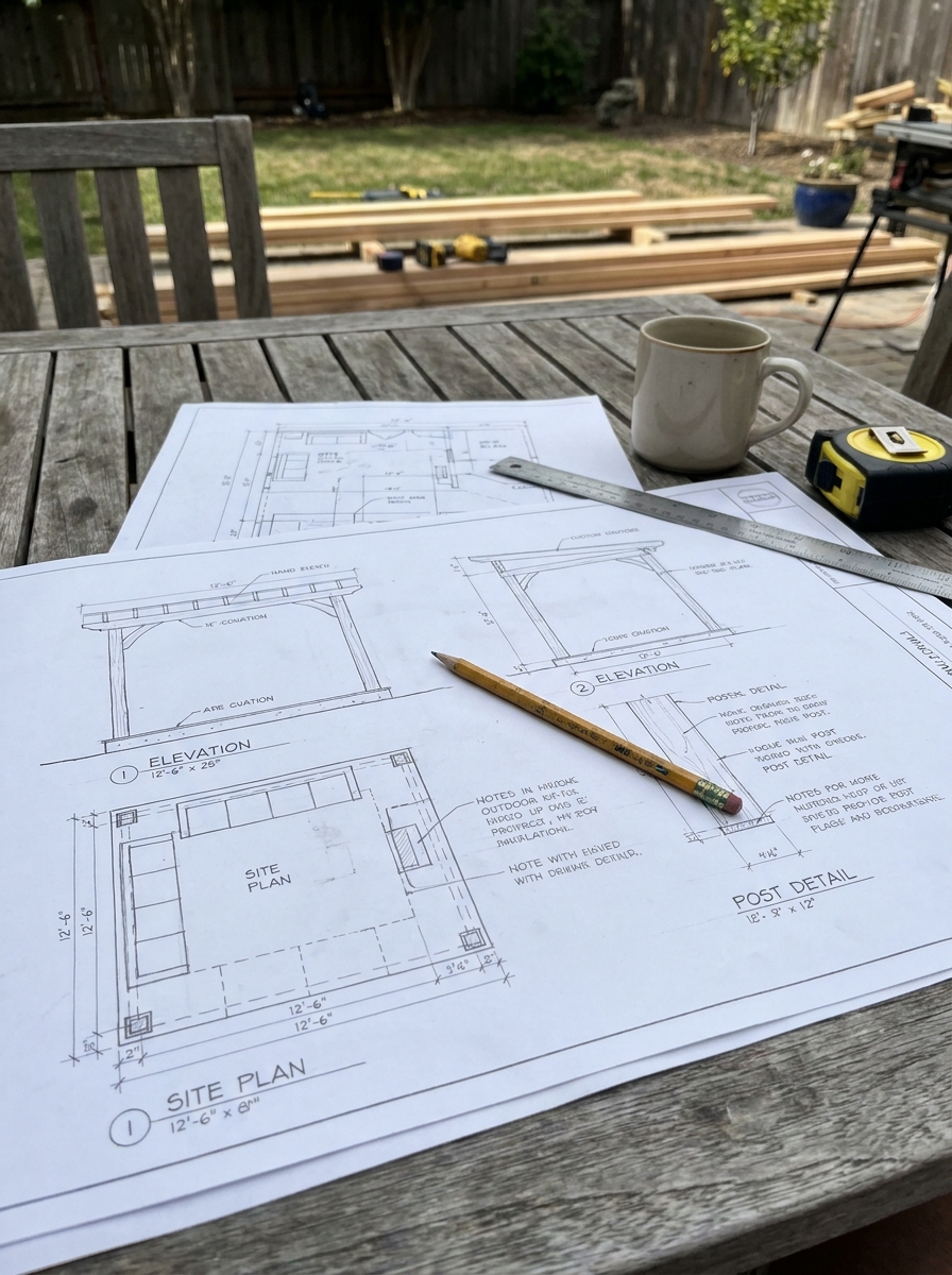 Pergola site plan and elevation blueprints on outdoor table with pencil, tape measure and lumber in background