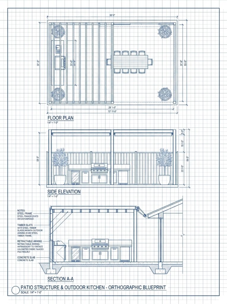 Orthographic blueprint of patio structure and outdoor kitchen with floor plan, side elevation, and section views.