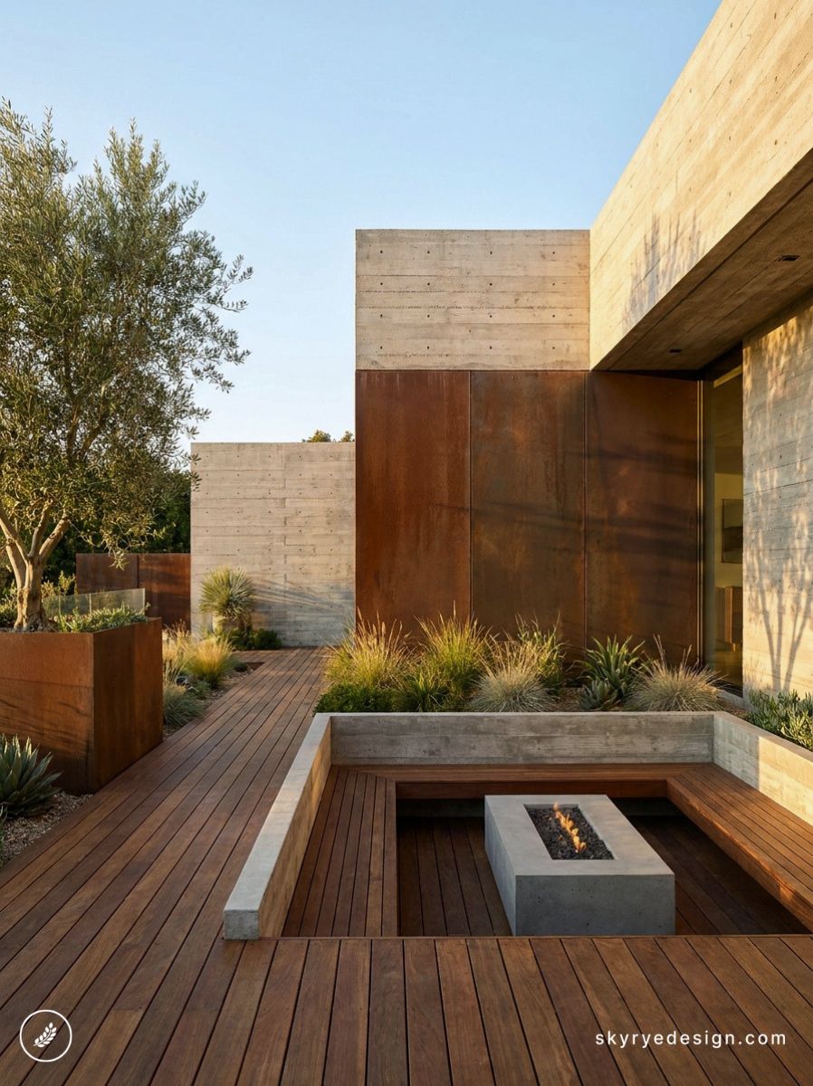 Modern backyard patio with sunken bench seating and rectangular fire pit on wood deck, concrete and Corten steel walls