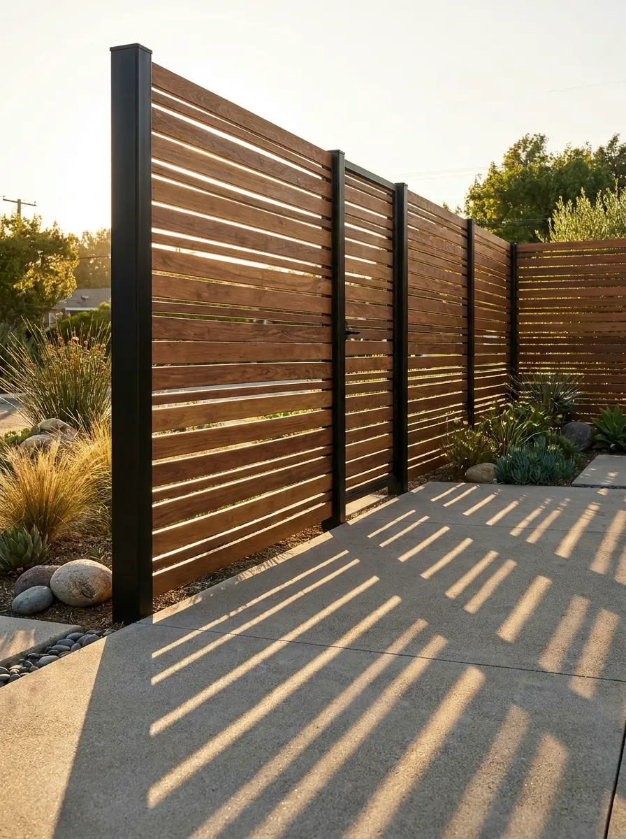 Modern horizontal wood slat privacy fence with black metal posts casting striped sunset shadows on concrete path