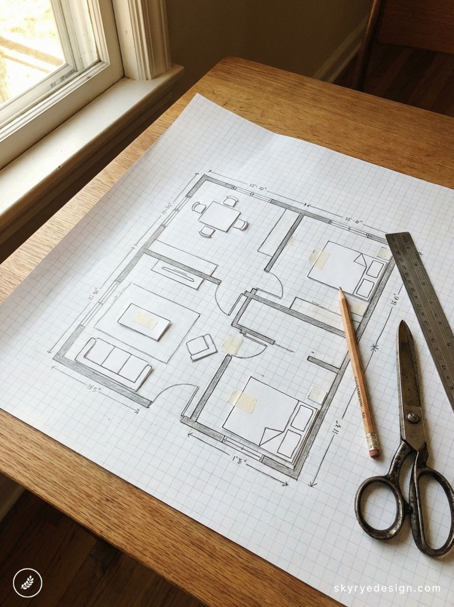 Hand-drawn architectural floor plan sketch on graph paper with pencil, metal ruler and scissors on wooden desk