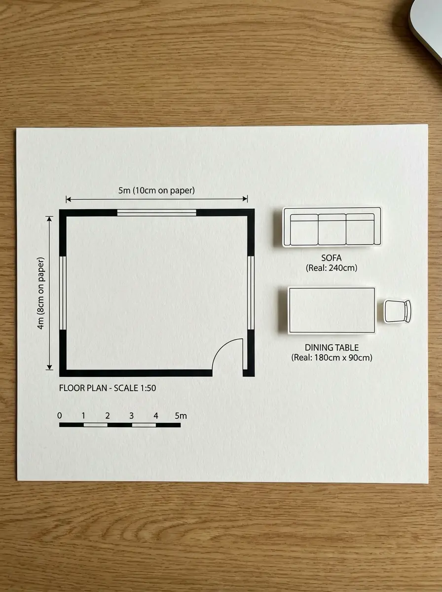 Scaled 1:50 floor plan on paper showing 5m x 4m room layout with sofa and dining table templates on wood background