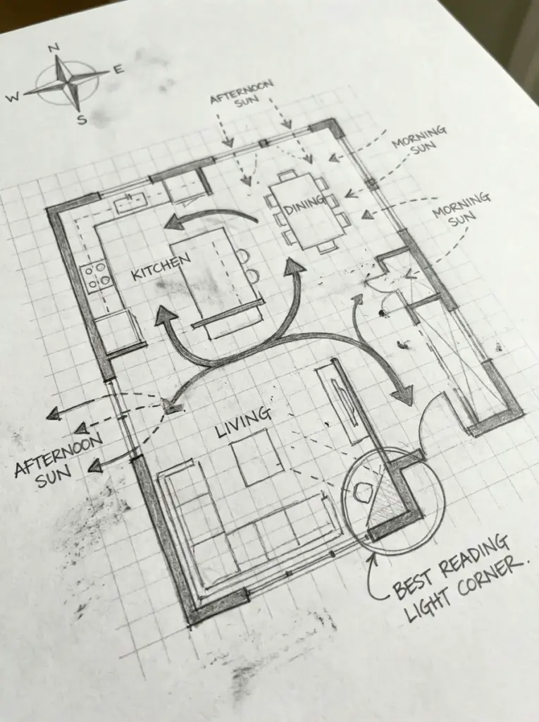 Hand-drawn floor plan sketch of living room, kitchen and dining with sun orientation arrows, compass and reading corner note