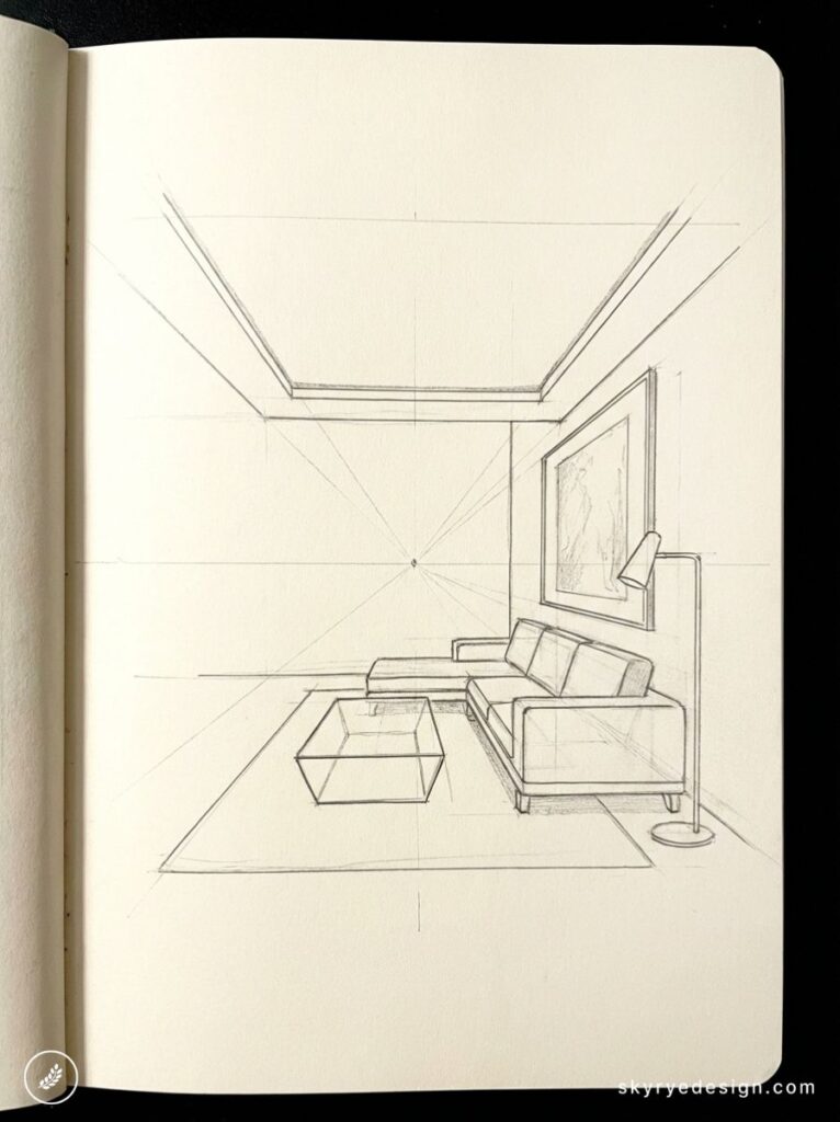 Pencil perspective sketch of a modern living room with sectional sofa, coffee table, floor lamp and framed artwork