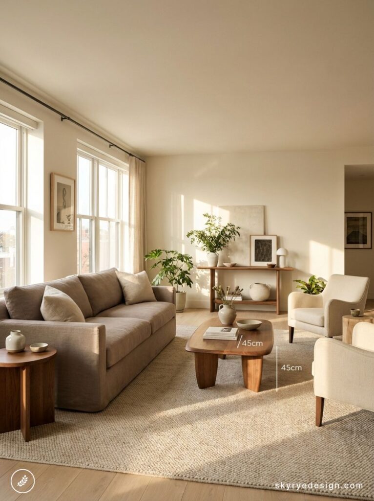 Sunlit neutral living room with beige sofa, wooden coffee table, armchairs, rug and potted plants