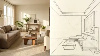 Split image: neutral living room with beige sofa, wooden coffee table and plants; right pencil perspective sketch