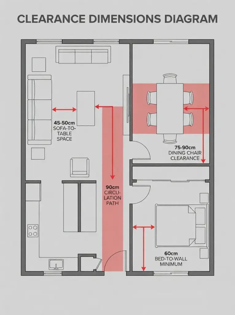 Clearance dimensions floorplan diagram: 45-50cm sofa-to-table, 90cm circulation path, 75-90cm dining chair, 60cm bed-to-wall