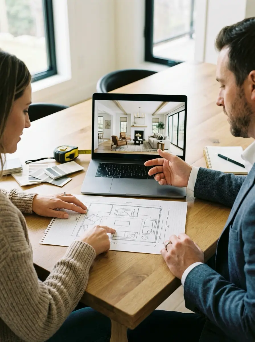 Interior design consultation: clients and designer reviewing living room floor plan and virtual 3D rendering on laptop