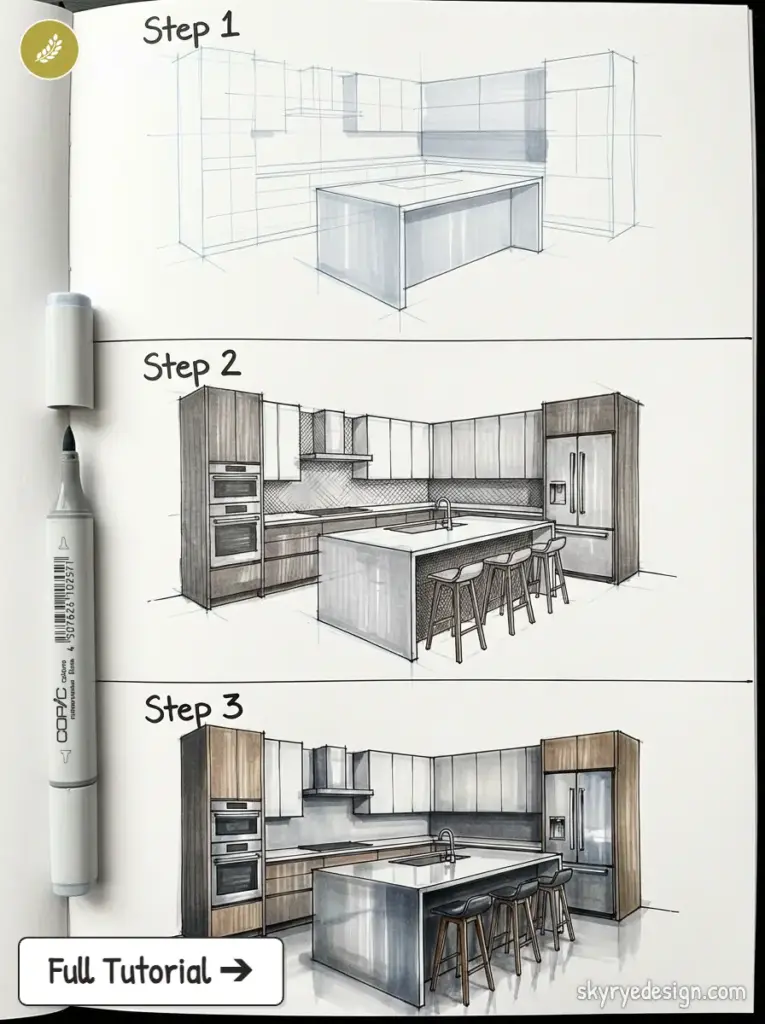 Three-step kitchen sketch tutorial showing progression from wireframe layout to detailed marker-rendered design.