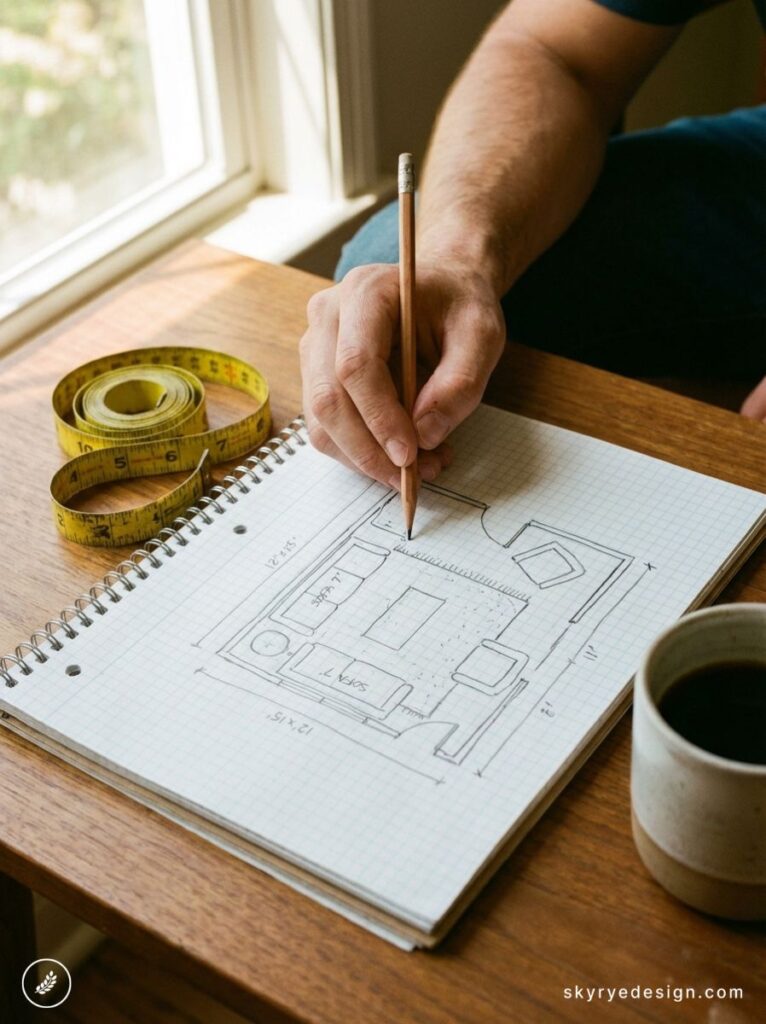 Person sketching home floor plan on graph paper with measuring tape and coffee on a wooden desk