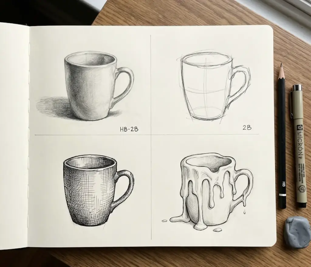 Sketchbook page of four mug drawings (shaded, construction, crosshatch, dripping) with pencil, pen, eraser