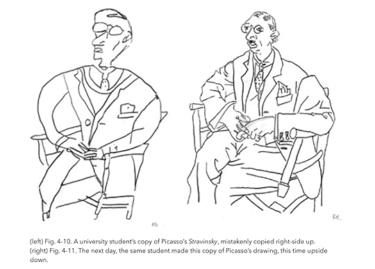 Two minimalist line drawings of seated men — student copies of Picasso's Stravinsky, one drawn upside-down.