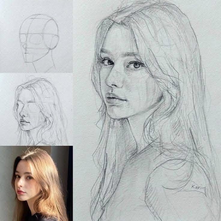 Pencil portrait study of young woman with reference photo, construction sketches, and finished realistic pencil drawing