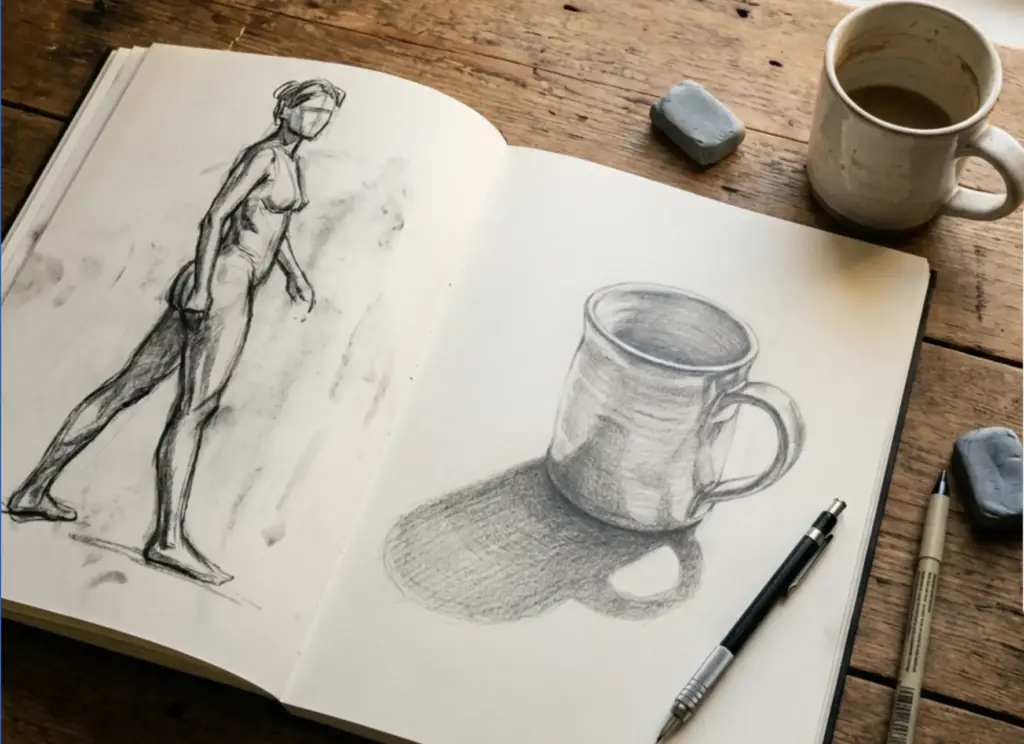 Open sketchbook with pencil figure study and mug sketch, drawing tools and coffee cup on rustic wooden table