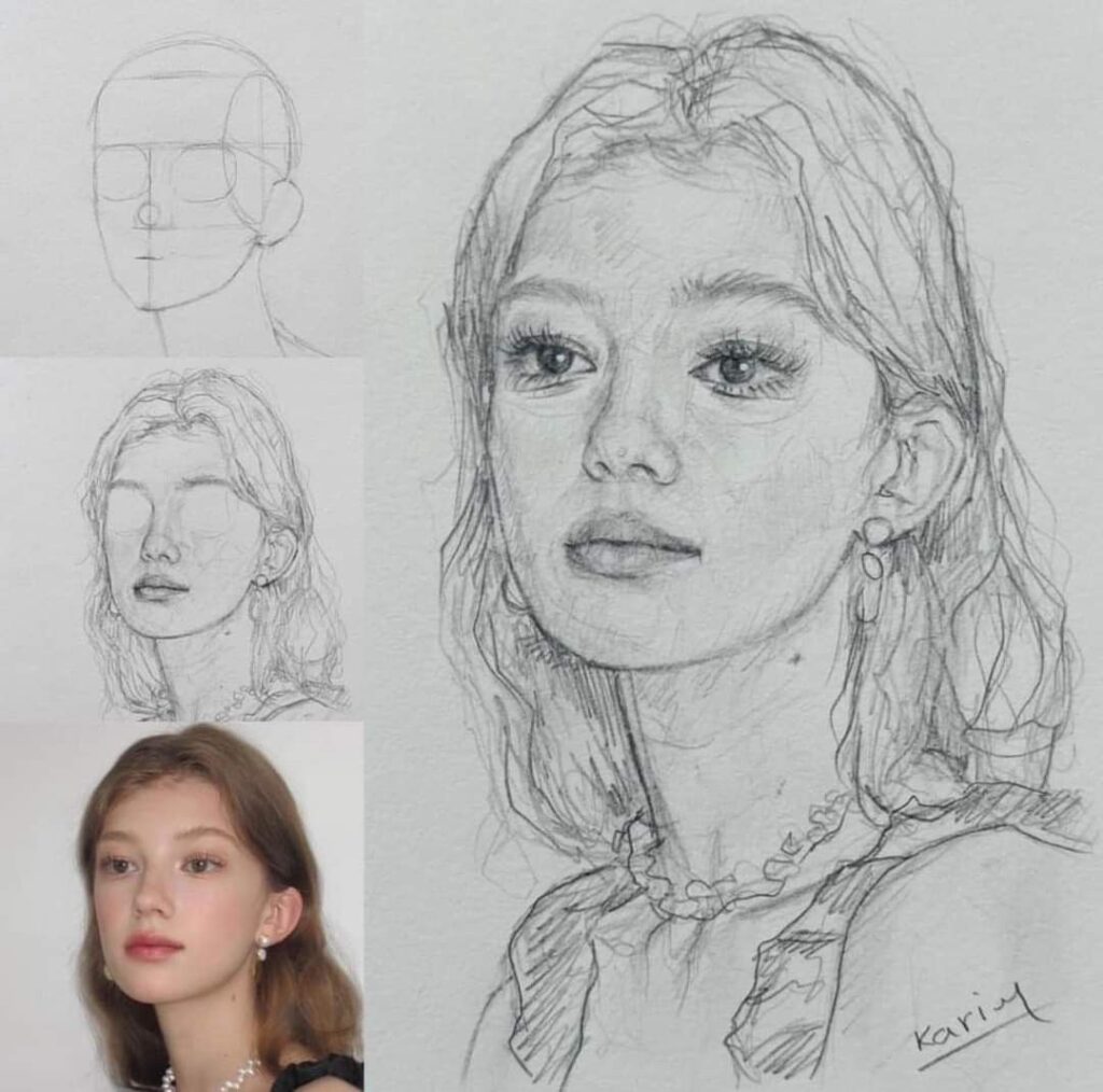 Detailed pencil portrait sketch of a young woman with earrings and necklace, step-study and reference photo inset