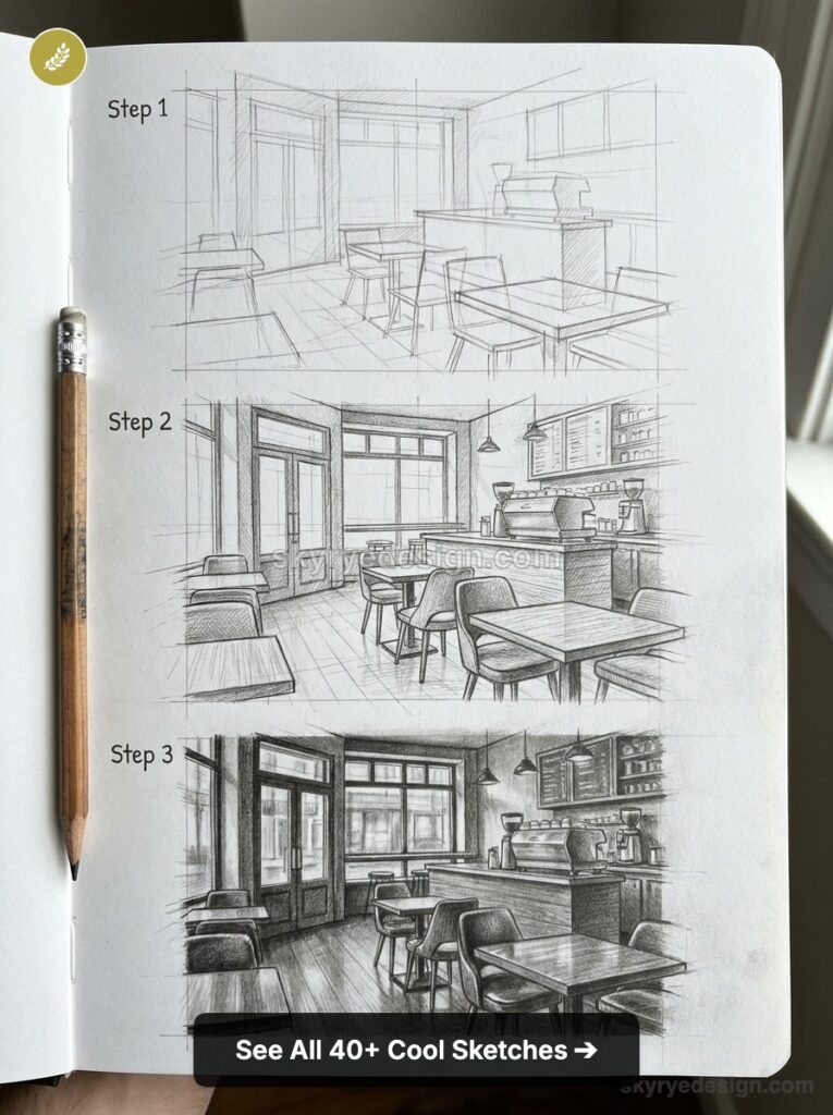 Pencil step-by-step sketches of a café interior, showing progression from basic layout to detailed rendering