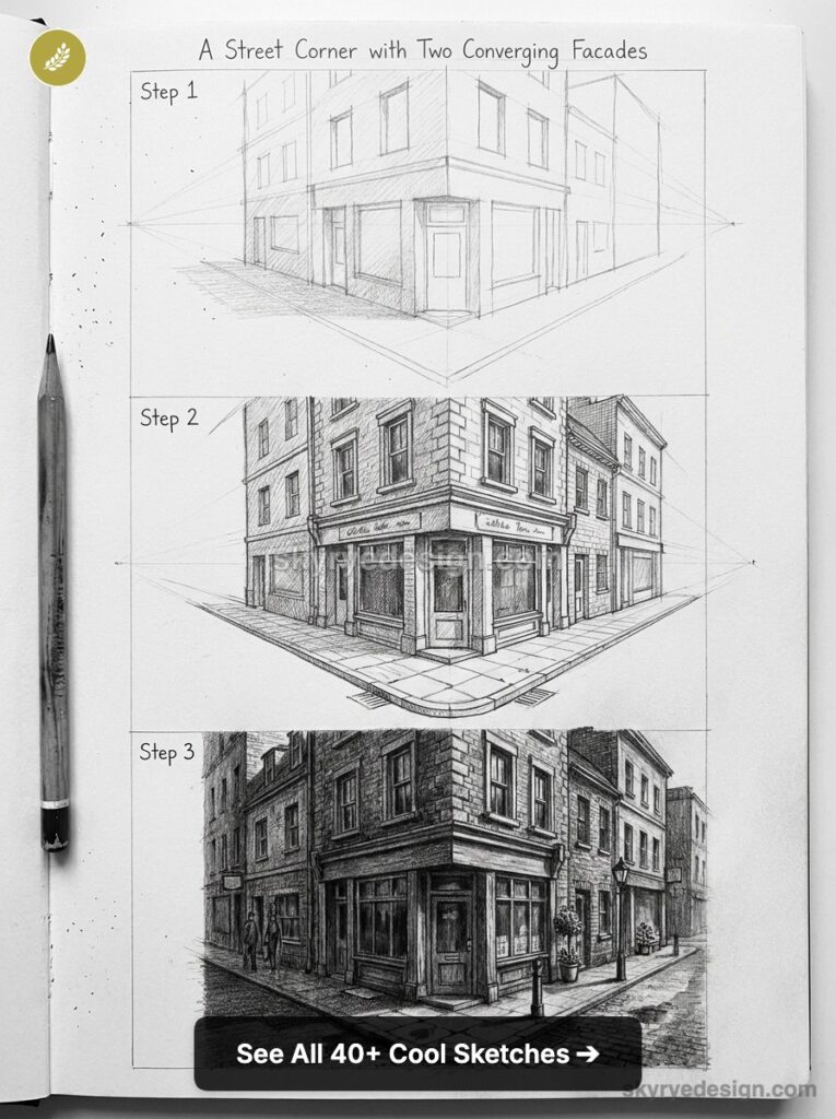 Step-by-step pencil sketch tutorial of a street corner in two-point perspective, showing two converging facades.