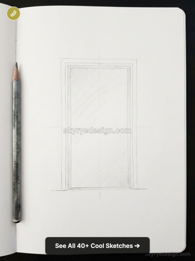 Pencil sketch of a rectangular doorway in a sketchbook, graphite pencil at left — minimal architectural drawing, clean composition