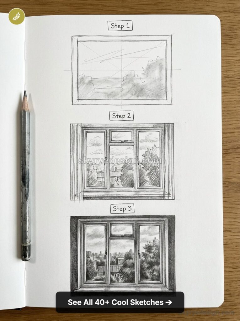 Step-by-step pencil drawing tutorial: three sketchbook stages of a window view with graphite pencil beside