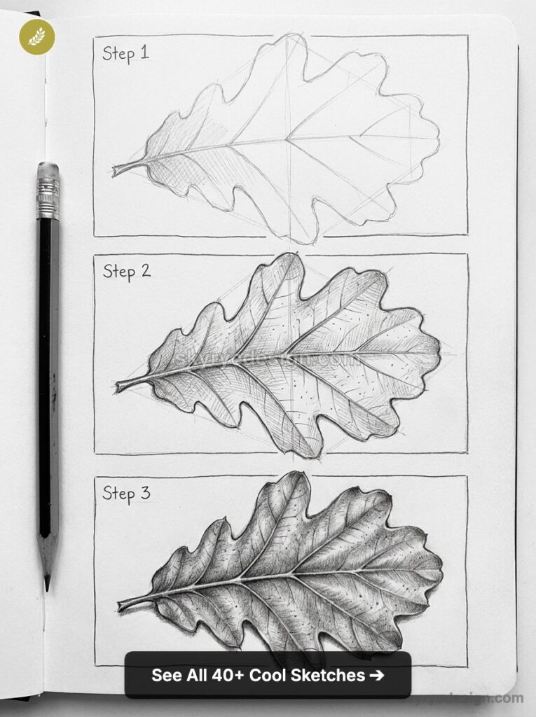 Three-step pencil sketch tutorial of an oak leaf in a sketchbook, pencil shown beside.