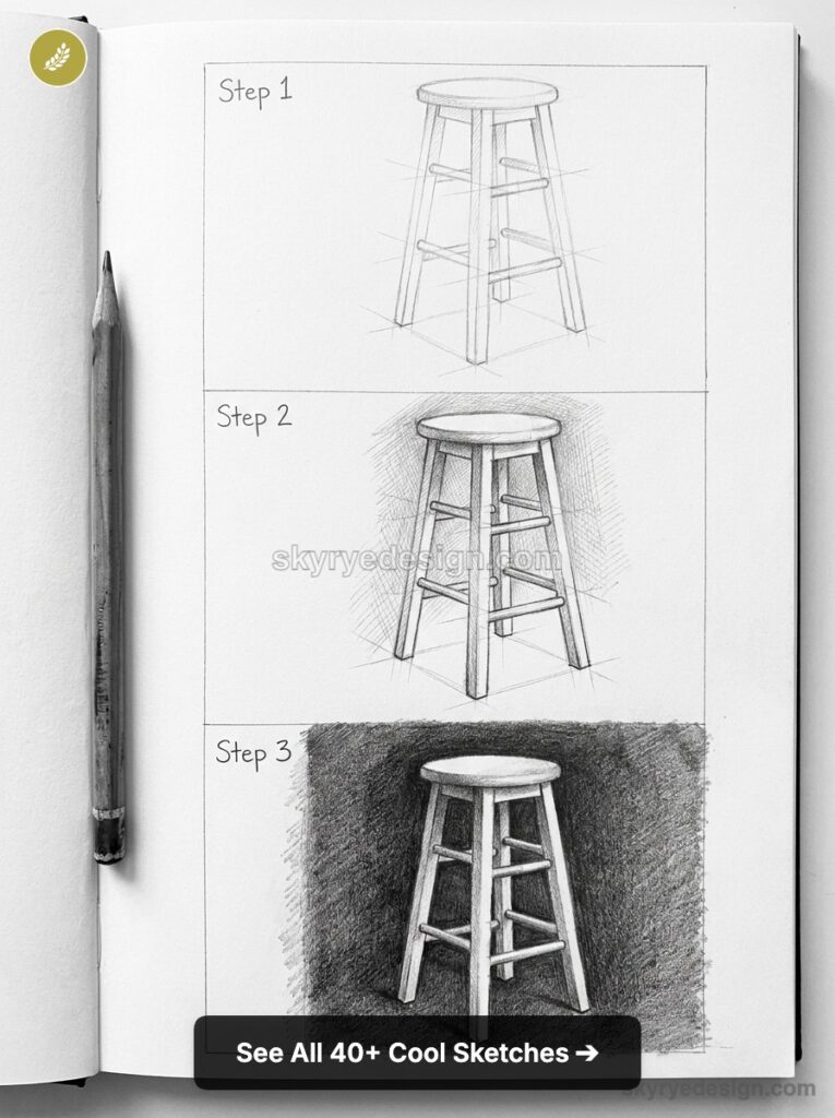 Three-step pencil sketch tutorial of a wooden stool on a sketchbook page with a graphite pencil