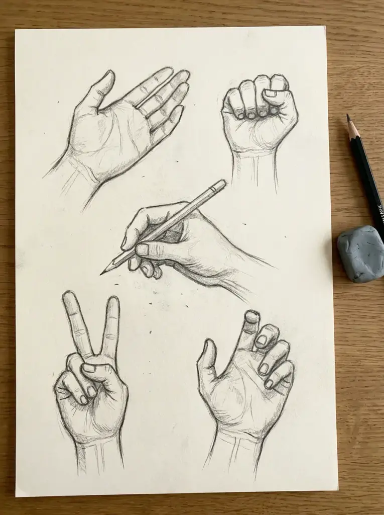 Pencil hand sketches — five gesture studies on paper with pencil and eraser on a wooden table
